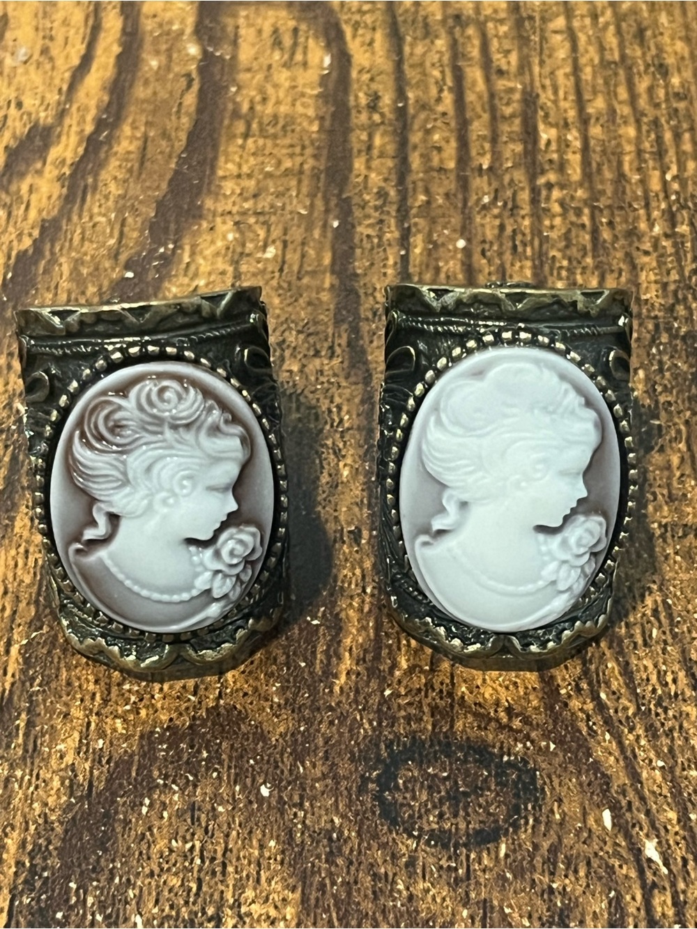 Vintage Style Cameo Wide Band Cuff Rings Set of 2 Antique Brass Filigree